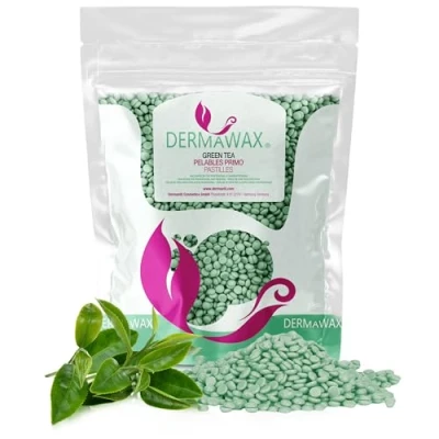 Abbildung von Dermawax 1 kg Grüner Tee Heißwachs Waxing Perlen für Professionelle Haarentfernung Ideal Augenbrauen, Gesicht, Achseln, Arme, Rücken, Brust, Bikini und Intimbereich (1 kg, Tee)