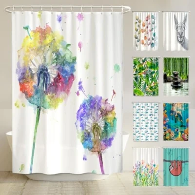 Abbildung von arteneur® Bunte Pusteblume Anti Schimmel Duschvorhang 180x200 Recycelt mit Öko Tex Standard 100 Beschwerter Saum, Blickdicht, Wasserdicht, Waschbar, 12 Ringe &amp; E Book Reinigungs Tipps