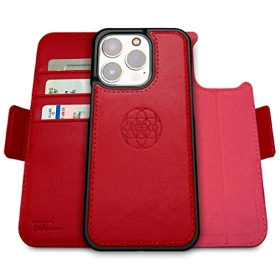 Abbildung von Dreem Fibonacci iPhone 14 Pro Geldbörsen Hülle / 2 in 1 Stoßfestes MagSafe Case und abnehmbares Luxus Vegan Leder Folio mit RFID Kartenschutz Ständer; für Frauen Männer Rot