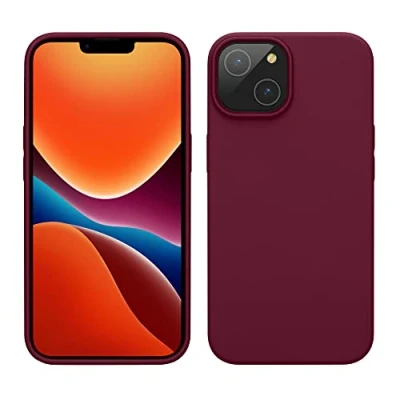 Abbildung von kwmobile Hülle für das iPhone 14 dünnes Silikon Handy Case stoßfeste Handyhülle mit weicher Oberfläche unterstützt kabelloses Laden Rhabarber Rot