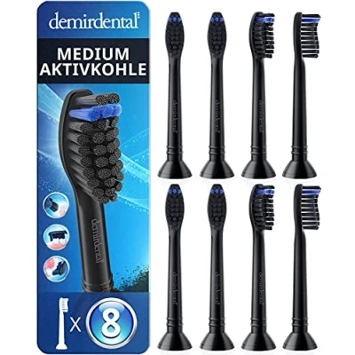 Abbildung von demirdental Aktivkohle Ersatzbürsten passend für Philips Sonicare Ersatzbürsten, Medium natürliche Reinigung, Schwarz, entspricht HX9058mb, 8er Set