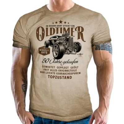 Abbildung von Herren T Shirt im Used Vintage Retro Look für Männer zum 50. Geburtstag Oldtimer Modell Jahrgang 1975 in Topzustand