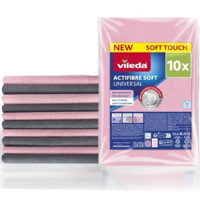Abbildung von Vileda Actifibre Soft Universal Mikrofasertuch, Reinigungstuch aus 100 Prozent Mikrofaser für streifenfreie Ergebnisse, hohe Saugkraft, ideal alle glatten Oberflächen, rosa und grau, 10 Stück
