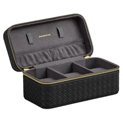 Abbildung von SONGMICS HOME RONNE Kollektion Uhrenbox unterwegs, Etui für 3 Uhren, PU im Flechtlook, 10 x 20 9 cm, Geschenkidee, Bezug in Schwarz, Innenfutter Schiefergrau JWB017G01