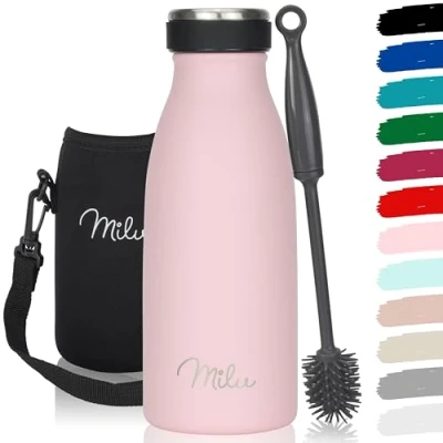 Abbildung von Milu Edelstahl Trinkflasche 350ml, 500ml, 750ml, 1L, 1,5L Thermosflasche für Kinder Erwachsene auslaufsicher Isolierflasche Kohlensäure geeignet inkl. Reinigungsbürste (Rosa, 350ml)