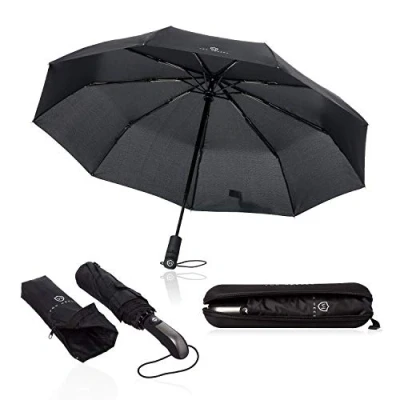 Abbildung von VON HEESEN Regenschirm sturmfest bis 140 km/h inkl. Schirm Tasche &amp; Reise Etui Taschenschirm mit Auf Zu Automatik, klein, leicht kompakt, Teflon Beschichtung, windsicher, stabil (Grau)