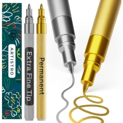 Abbildung von Artistro Permanent Marker Gold und Silber 2 Stück Acrylstifte Wasserfest Filzstift mit 0,7 mm Spitze, Schnell Trocknender Glanzlackmarker für Textil, Keramik, Glas, Holz, Metall, Karton