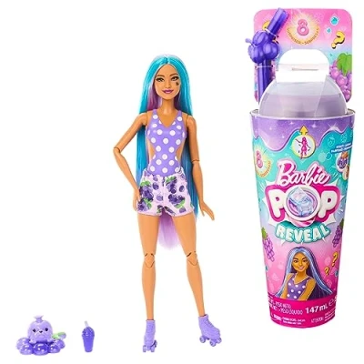 Abbildung von Barbie Pop Reveal Fruit Puppe mit violetten Haaren im Grapefruitduft, 8 Überraschungen, duftendes Squishy Hündchen, Farbwechsel Haar und Make up, für Kinder ab 3 Jahren, HNW44