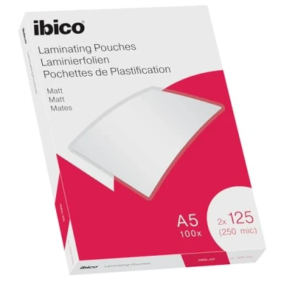 Abbildung von Ibico Laminierfolien A5 Matt 250 Mikron (2 x 125 mic), 100 Stück, Beschriftbare Heißlaminierfolien, Abgerundete Ecken, Ideal für Schule oder Büro, 627322