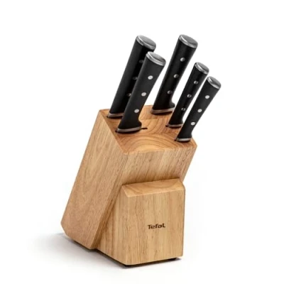 Abbildung von Tefal K232S5 Ice Force Messerblock aus Holz 5 Messer Brotmesser 20 cm Chefmesser Santokumesser 18 Gemüsemesser 11 Tranchiermesser 9 Braun/Schwarz/Edelstahl