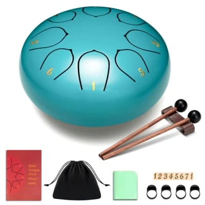 Abbildung von CAHAYA Steel Tongue Drum 6 Zoll 8 Töne: Zungentrommel Schlagzeug Anfänger, Handpan mit Notenbuch, Trommelstöcken, Pan Töne Schlaginstrument für Meditation Yoga, Seeblau CY00372 1