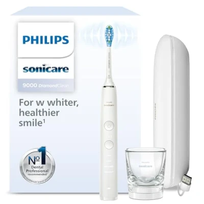 Abbildung von Philips Sonicare DiamondClean 9000 elektrische Zahnbürste, Schallzahnbürste mit App, Drucksensor, 4 Putzmodi, 3 Intensitätsstufen, Ladeglas und USB Reiseetui, Weiß, Modell HX9911/27