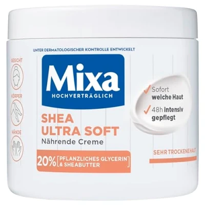 Abbildung von Mixa Shea nährende Creme, für Gesicht, Körper &amp; Hände mit 20% pflanzlichem Glycerin Sheabutter sehr trockene Haut, die ganze Familie, pflegend feuchtigkeitsspendend Ultra Soft, 400ml