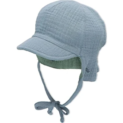 Abbildung von Sterntaler Schirmmütze Nacken Wende Jungen Mütze zum Wenden mit kleinem Nackenschutz UV Schutz 50 Sonnenhut Binden Baby und Kinder Kopfbedeckung aus Musselin (Bio) graublau, Größe 45