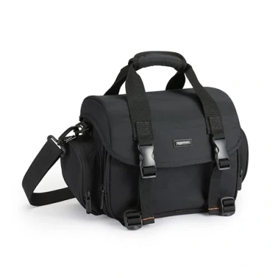 Abbildung von Amazon Basics Schultertasche für SLR Kamera und Zubehör, Groß, Verstellbarer Gurt, Wasserdicht, Stoßfest, Einfarbig, Gepolstert Schwarz/Grau