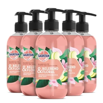 Abbildung von Sagrotan Hygieneseife Belebend und Floral Feuchtigkeitsspendende Flüssigseife mit floralem Duf 5 x 300 ml Handseife