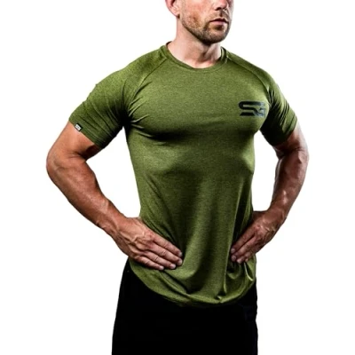 Abbildung von Satire Gym® Fitness Slim Fit T Shirt Herren/Funktionelles &amp; schnell trocknendes Sportshirt Herren Kurzarm als Bodybuilding Workout Gym (L, olivgrün meliert)