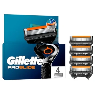 Abbildung von Gillette Fusion5 Proglide 4 Ersatzklingen mit 2x Gleitstreifen vor und nach den Klingen neuer EverGlide für unglaubliche Gründlichkeit Komfort