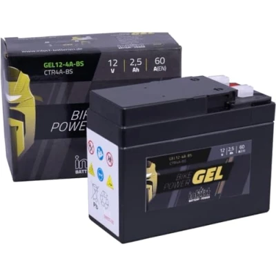 Abbildung von intAct GEL Motorradbatterie Bike Power GEL12 4A BS. Ersetzt YTR4A 12V 2,5Ah 60A. Maße: 113x48x85mm. Mit bis zu 30% mehr Startleistung.