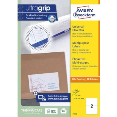 Abbildung von AVERY Zweckform 3655 Universal Etiketten (200 Klebeetiketten, 210x148mm auf A4, bedruckbare Versandetiketten, selbstklebende Versandaufkleber mit ultragrip, DHL) 100 Blatt, weiß