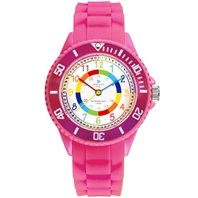 Abbildung von Alienwork Kids Lernuhr Kinderuhr Mädchen Uhrzeit Lernen Rosa Silikon Armband Mehrfarbig Kinder Uhr Wasserdicht 5 ATM Zeit