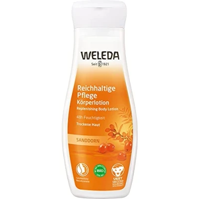 Abbildung von WELEDA Bio Sanddorn Bodylotion Naturkosmetik Körperpflege Lotion mit Arganöl &amp; Sesamöl spendet bis zu 48h intensive Feuchtigkeit. Natürliche Körperlotion zur Pflege von trockener Haut (vegan, 200ml)