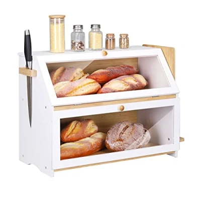 Abbildung von Leader Accessories Bambus Brotkasten 2 Etagen Brotbehälter mit Brotschneidebrett lebensmittelecht Brotaufbewahrung pflegeleicht 50x25x37cm Weiß