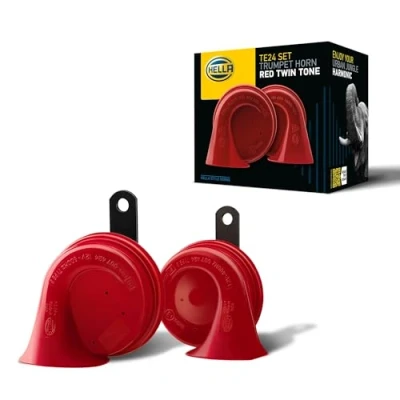 Abbildung von HELLA Fanfare STYLE HORN TE24 SET 12V 110dB(A) 400Hz 500Hz Tiefton/Hochton elektrisch ECE Gehäusefarbe: rot/schwarz Flachsteckanschluss Menge: 2 3FH 007 424 811