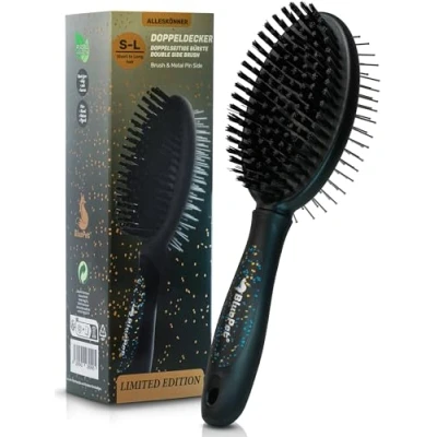 Abbildung von BluePet LIMITED 2in1 Hundebürste für Langhaar &amp; Kurzhaar Auch Welpen Katzen Glätten, Entwirren, Ausbürsten Allround Talent die tägliche Fellpflege (Schwarz/Gold)