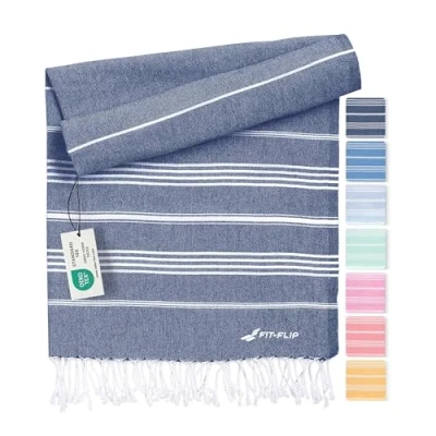 Abbildung von Fit Flip Hamamtuch aus 100% recycelter Baumwolle nachhaltig und natürlich Saunatuch, Strandtuch, Duschtuch, Badetuch, Yogatuch Navy 100x200cm Sultan