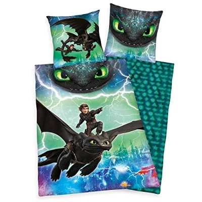 Abbildung von Herding DREAMWORKS DRAGONS Bettwäsche Set, Wendemotiv, Bettbezug 135 x 200 cm, Kopfkissenbezug 80 Baumwolle/Renforcé