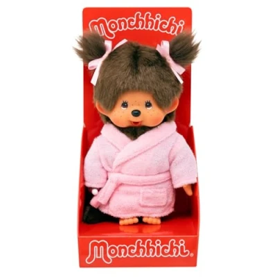Abbildung von Sekiguchi 203802 Original Monchhichi Mädchen im Bademantel, ca. 20 cm großes Kuscheltier aus braunem Plüsch