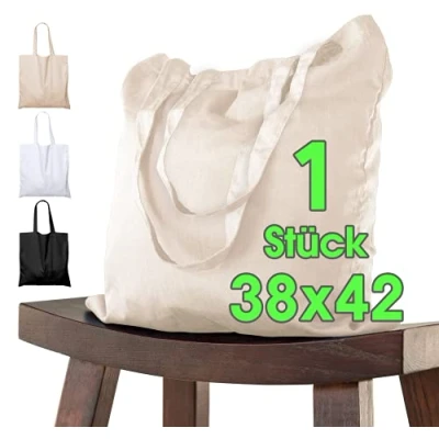 Abbildung von Baumwolltasche 38x42 cm 1 Stück unbedruckt, zwei lange Henkel OEKO TEX® zertifiziert Stofftasche, Tragetasche, Baumwollbeutel, Einkaufstasche, Jutebeutel, Stoffbeutel Einkaufsbeutel zum bemalen Natur