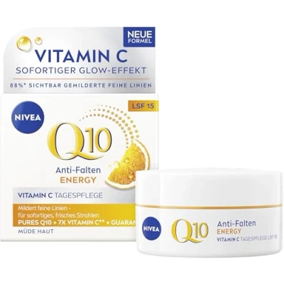 Abbildung von NIVEA Q10 Anti Falten ENERGY Vitamin C Tagespflege, feuchtigkeitsspendende Gesichtspflege mit Q10, und Guarana Extrakt, Gesichtscreme LSF 15 für müde Haut (50 ml)
