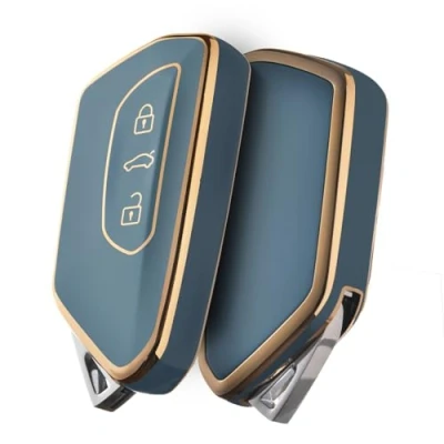 Abbildung von OATSBASF Autoschlüssel Hülle für VW, Schlüssel Kompatibel Golf 8 Seat Leon MK 4 Tarraco Ateca Skoda Octavia TPU Silicone Schlüsselhülle (Goldener Rand Grau)