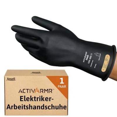 Abbildung von Ansell ActivArmr Elektriker Schutzhandschuhe, Elektroschutz Klass 0 (1000V), Elektrisch Isolierende Gummihandschuhe, Professionelle Arbeitshandschuhe 28cm, Schwarz, Größe M (1 Paar)
