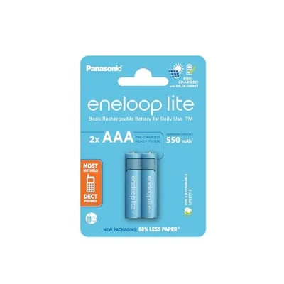 Abbildung von eneloop lite, AAA/Micro NI MH Akku, 2er Pack, Kapazität mit min. 550 mAh, Ready to Use Akkus, bis zu 3000 Mal wiederaufladbar, plastikfreier Verpackung, blau