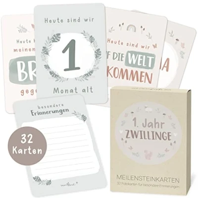Abbildung von Mintkind ® Meilensteinkarten Baby Wundervolles Geschenk zur Geburt für Mädchen und Junge 32 Monatskarten im Set zauberhafte Fotos (Zwillinge Wald)