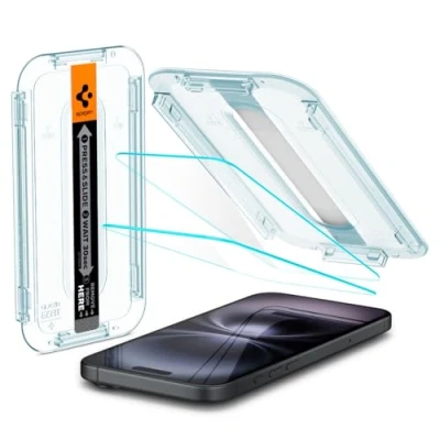 Abbildung von Spigen Glas.tR EZ Fit Schutzfolie kompatibel mit iPhone 16, 15, 2 Stück, Kratzfest, 9H Härte Folie