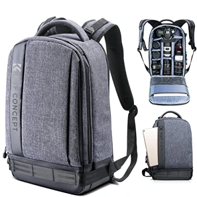 Abbildung von K&amp;F Concept 18L Kamerarucksack, Fotorucksack mit 15.6 Zoll Laptopfach, Große Kapazität Camera Backpack Regenschutz für DSLR/Stativ/Zubehör Grau