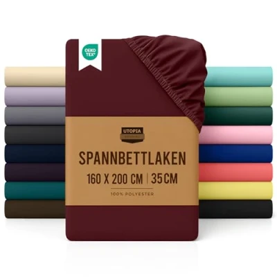 Abbildung von Utopia Bedding Spannbettlaken 160x200cm Burgunderrot Gebürstete Polyester Mikrofaser Spannbetttuch 35 cm Tiefe Tasche