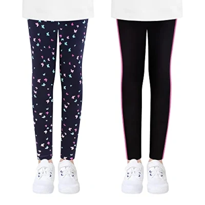 Abbildung von L&amp;K II 2er Pack Kinder Leggings Mädchen Tanzhosen Baby Turnhosen Baumwolle Schmetterling Seitlicher Farbbalken 4539 C 110/116