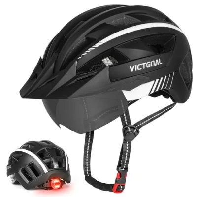 Abbildung von VICTGOAL Fahrradhelm MTB Mountainbike Helm mit magnetischem Visier Abnehmbarer Sonnenschutzkappe und LED Rücklicht Radhelm Rennradhelm für Erwachsenen Herren Damen (XL: 59 63cm, Black White)