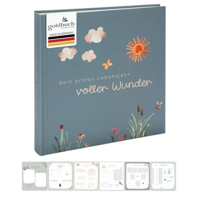 Abbildung von goldbuch 15 512 Babyalbum voller Wunder Wiese mit Blumen Motiv, Leinenstruktur Fotoalbum 58 weißen Blankoseiten, Pergamin &amp; 4 illustrierte Seiten, Album, Papier, ca. 30 x 31 cm, Salbeigrün