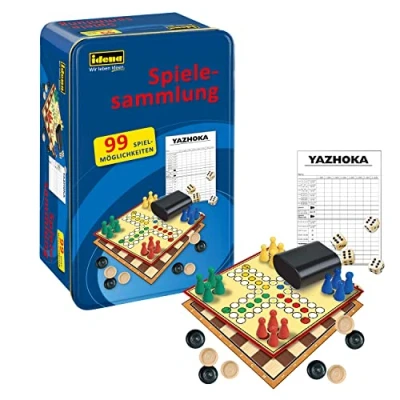 Abbildung von Idena 40216 Spielesammlung mit 99 Spielmöglichkeiten, in Tinbox, inklusive verschiedenen Brett und Würfelspielen, Spielanleitung, für 2 bis 8 Spieler ab 6 Jahren
