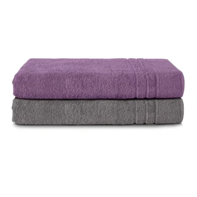 Abbildung von Komfortec 2er Saunatuch Set 70x200 cm aus 100% Baumwolle, XXL Saunatücher, Sauna Handtuch, Weich, Groß, Frottee, Schnelltrocknend, Anhtrazit Grau/Violett