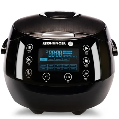 Abbildung von REISHUNGER Digitaler Reiskocher &amp; Dampfgarer Schwarz 1,5 L bis 8 Personen Warmhaltefunktion, Timer Premium Innentopf Multikocher, 12 Programme, 7 Phasen Technologie