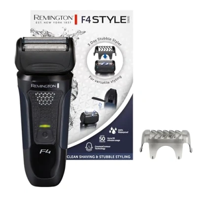 Abbildung von Remington Elektrischer Rasierer [Nass &amp; Trocken Rasierapparat 100% wasserdicht] Folienrasierer F4 (Comfort Detailtrimmer + 3 Tage Bart Styleraufsatz/Schutzkappe) F4002