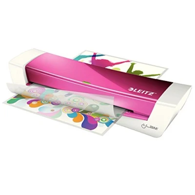 Abbildung von Leitz A4 Laminiergerät, für 80 bis 125 mic Laminierfolien, inkl. Laminierhüllen Starterkit, Ideal den Einsatz im Home Office, kleinen Büros &amp; Schule, Pink, iLAM, WOW, 73680023