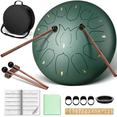 Abbildung von CAHAYA Steel Tongue Drum 12 Zoll 13 Töne: Zungentrommel Schlagzeug Anfänger, Handpan mit Notenbuch, Trommelstöcken, Pan Töne Schlaginstrument für Meditation Yoga, Malachit CY00374 1